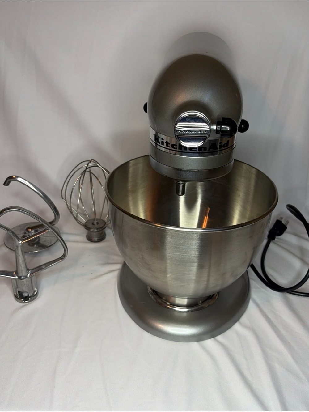 KitchenAid Metallic Silver Tilt-Head Stand Mixer with Bowl and Attachments